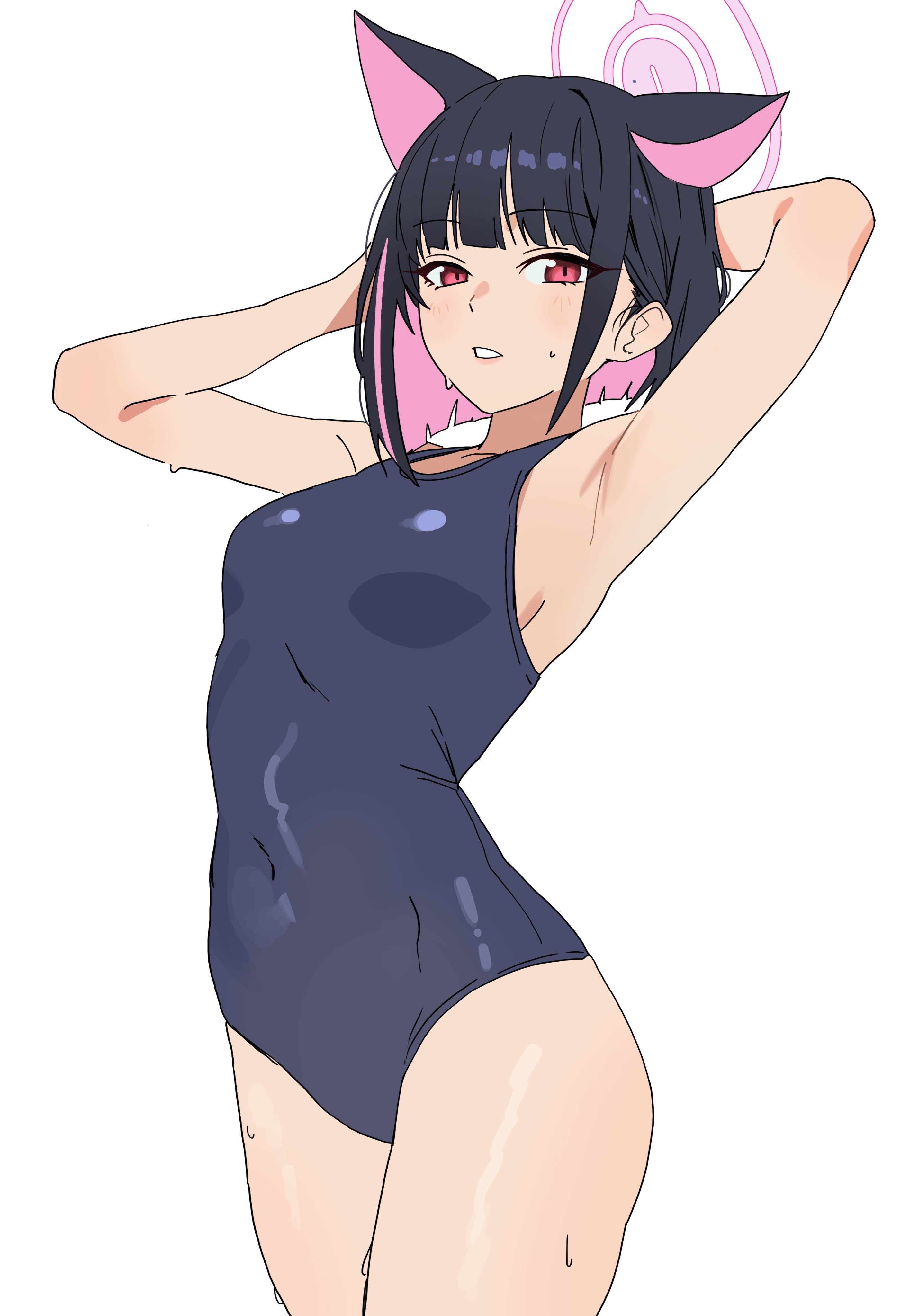 riel (rielilu), kazusa (blue archive), blue archive, absurdres, highres, 1girl, alternate costume, animal ears, armpits, arms behind head, arms up, black hair, black one-piece swimsuit, breasts, cat ears, cat girl, colored inner hair, covered navel, cowboy shot, extra ears, halo, light blush, medium breasts, multicolored hair, one-piece swimsuit, parted lips, pink hair, pink halo, red eyes, short hair, simple background, solo, standing, swimsuit, thighs, two-tone hair, wet, white background
