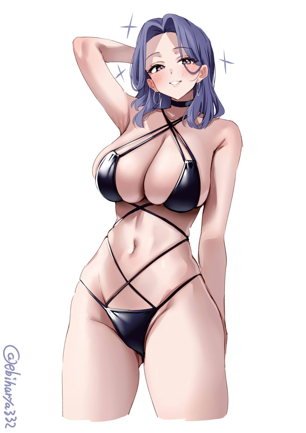 ebifurya, tatsuta (kancolle), kantai collection, commentary request, highres, 1girl, arm behind head, arm up, artist name, bikini, black bikini, black choker, blush, breasts, choker, cleavage, collarbone, cropped legs, curtained hair, earrings, forehead, gluteal fold, hair intakes, hoop earrings, jewelry, large breasts, looking at viewer, medium hair, multi-strapped bikini bottom, multi-strapped bikini top, navel, one-hour drawing challenge, purple hair, sidelocks, simple background, skindentation, smile, solo, stomach, swimsuit, thighs, twitter username, white background