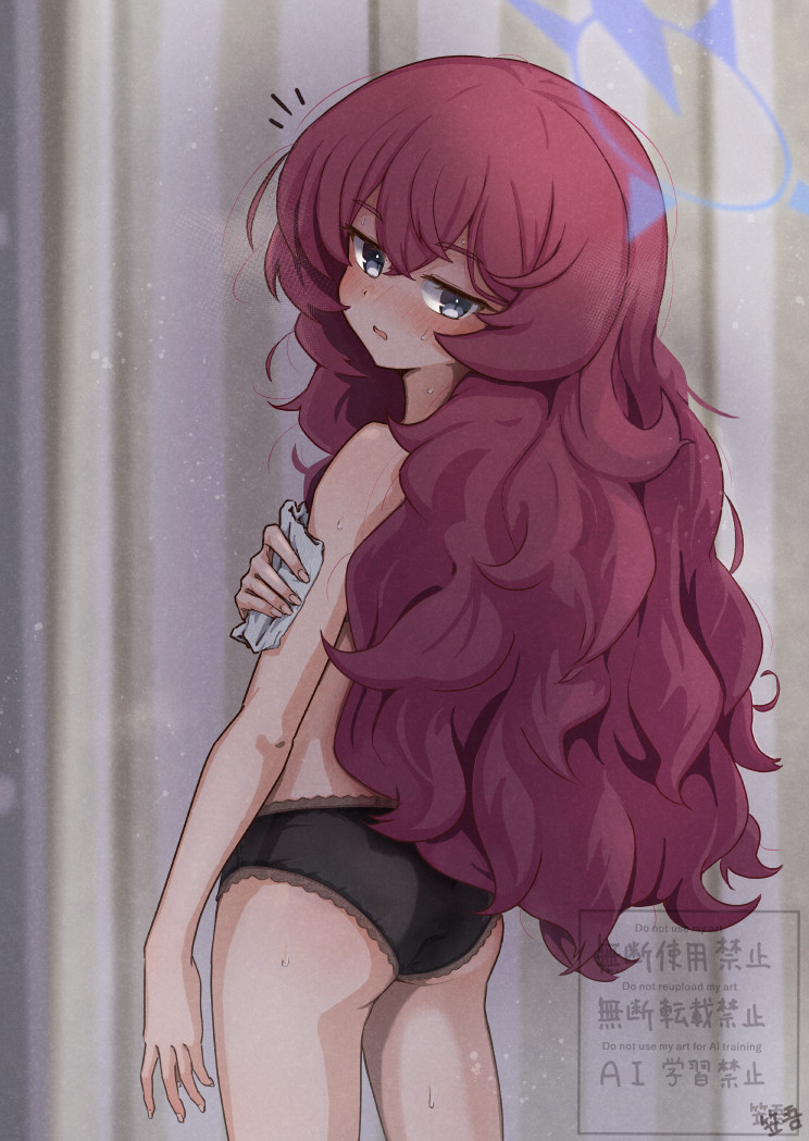 kasago (wnfj2383), iroha (blue archive), blue archive, 1girl, ass, black panties, blush, halo, long hair, looking at viewer, panties, red hair, solo, topless female, underwear, underwear only