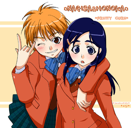 misumi nagisa, yukishiro honoka, futari wa precure, precure, lowres, 00s, blue eyes, blue hair, brown eyes, brown hair, school uniform, serafuku