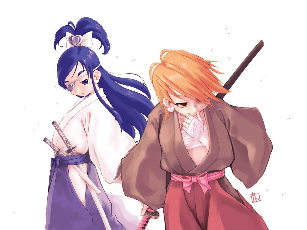 kei jiei, cure black, cure white, misumi nagisa, yukishiro honoka, futari wa precure, precure, 00s, alternate hairstyle, blue eyes, blue hair, brown eyes, brown hair, eyepatch, hakama, hakama skirt, japanese clothes, katana, samurai, sarashi, skirt, sword, wakizashi, weapon
