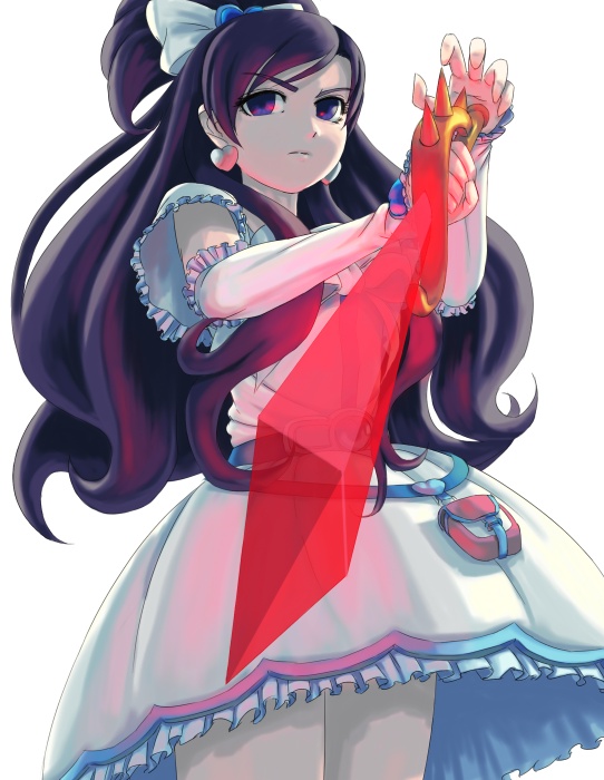 cure white, yukishiro honoka, futari wa precure, precure, 00s, 1girl, blue eyes, blue hair, bow, dress, earrings, female focus, holding, holding weapon, jewelry, long hair, matching hair/eyes, solo, sword, weapon