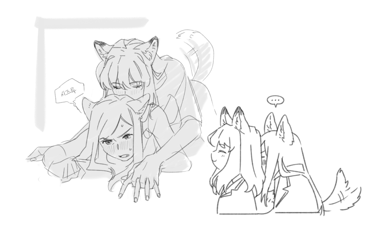 guri gom, fujino shizuru, kuga natsuki, my-hime, commentary, symbol-only commentary, translation request, …, 2girls, animal ears, blush, closed eyes, closed mouth, fang, fox ears, fuuka academy school uniform, greyscale, holding hands, kemonomimi mode, korean text, long hair, monochrome, multiple girls, open mouth, school uniform, smile, speech bubble, spoken ellipsis, sweat, tail, tail wagging, yuri