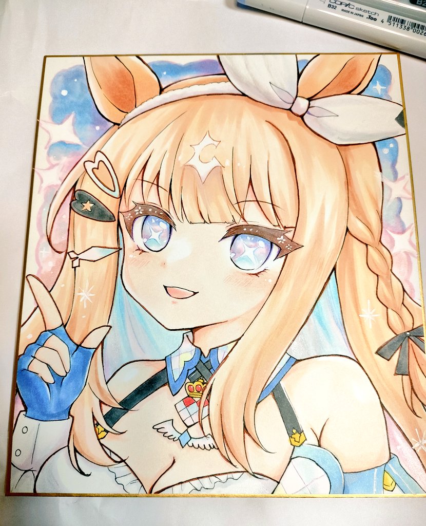terimuku, almond eye (umamusume), umamusume, commentary request, photo (medium), traditional media, 1girl, :d, animal ears, blue eyes, blue gloves, blue hair, blush, bow, braid, breasts, brown hair, cleavage, ear ribbon, fingerless gloves, gloves, hair ornament, hairband, hairclip, index finger raised, long hair, looking at viewer, medium breasts, multicolored hair, open mouth, ribbon, shikishi, smile, solo, two-tone hair, upper body, white hairband, white ribbon