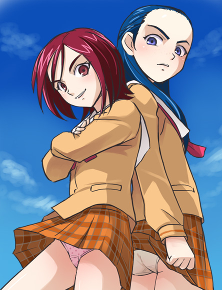 haruyama kazunori, kiryuu kaoru, kiryuu michiru, precure, blue eyes, blue hair, panties, red eyes, red hair, underwear