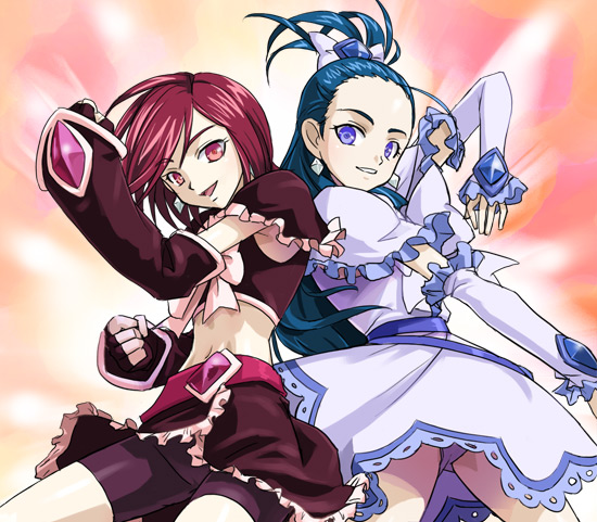 haruyama kazunori, cure black, cure white, kiryuu kaoru, kiryuu michiru, futari wa precure, futari wa precure splash star, precure, 2girls, arm warmers, back-to-back, belt, bike shorts, blue eyes, blue hair, clenched hands, cosplay, crossover, cure black (cosplay), cure white (cosplay), detached sleeves, diamond (shape), dress, earrings, fighting stance, fingerless gloves, gloves, hair ornament, hair ribbon, half updo, happy, jewelry, long hair, looking at viewer, magical girl, multiple girls, open mouth, parody, red eyes, red hair, ribbon, shirt, short hair, shorts, shorts under skirt, skirt, smile, white dress