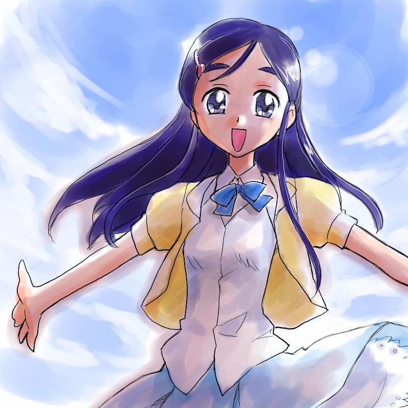 oochan (society of sorcery), yukishiro honoka, futari wa precure, futari wa precure max heart, precure, 00s, 1girl, blazer, blue bow, blue eyes, blue hair, blue skirt, bow, cloud, day, female focus, hair ornament, hairclip, happy, jacket, long hair, looking at viewer, matching hair/eyes, open mouth, ribbon, shirt, skirt, sky, smile, solo, white shirt