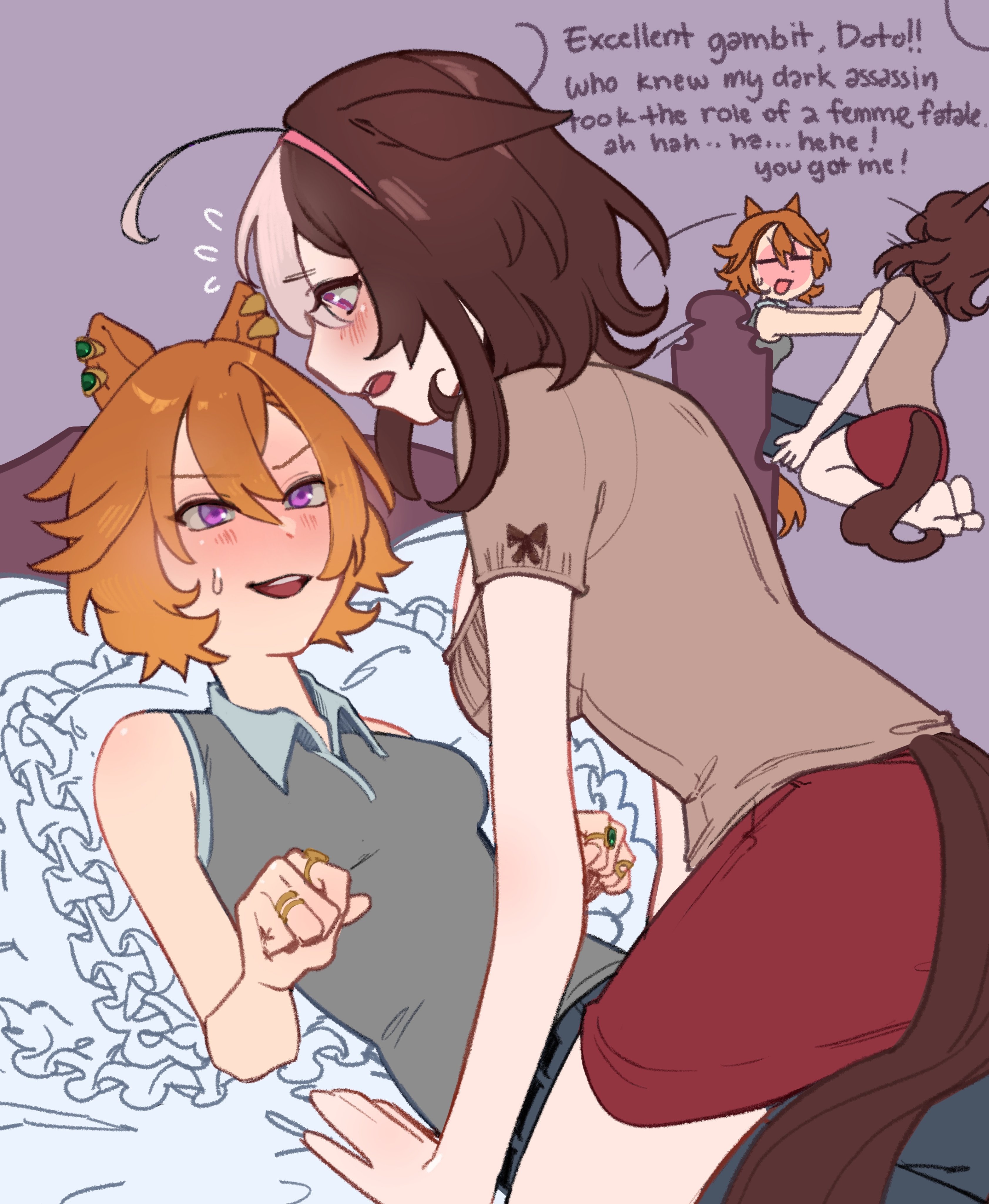 dungeonbgm, meisho doto (umamusume), t.m. opera o (umamusume), umamusume, absurdres, commentary, english commentary, highres, 2girls, animal ear piercing, animal ears, bare arms, blush, breasts, brown hair, brown shirt, closed eyes, english text, flying sweatdrops, grey shirt, horse ears, horse girl, horse tail, jewelry, large breasts, multiple girls, multiple rings, open mouth, orange hair, pantyhose, pink streaks, purple background, purple eyes, red skirt, ring, shirt, short hair, short sleeves, simple background, skirt, sleeveless, sleeveless shirt, straddling, sweat, tail, yuri