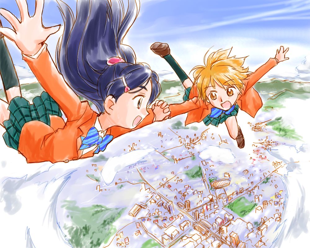 misumi nagisa, yukishiro honoka, futari wa precure, precure, 00s, blue eyes, blue hair, brown eyes, brown hair, school uniform, serafuku