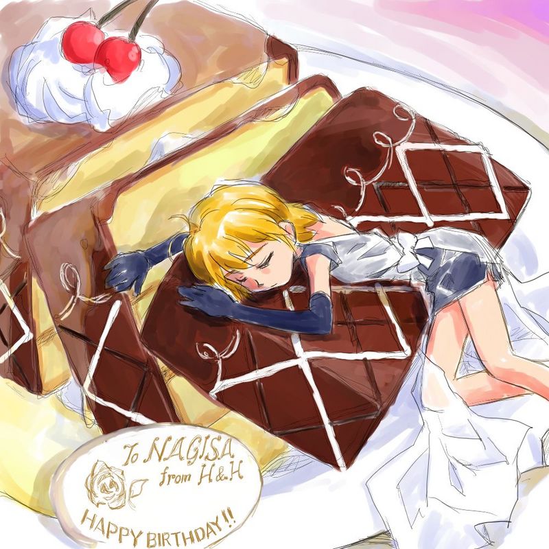 oochan (society of sorcery), misumi nagisa, futari wa precure, futari wa precure max heart, precure, 00s, 1girl, arm warmers, birthday, brown hair, cake, character name, cherry, closed eyes, detached sleeves, female focus, food, fruit, gloves, happy birthday, ribbon, shirt, short hair, skirt, sleeping, solo