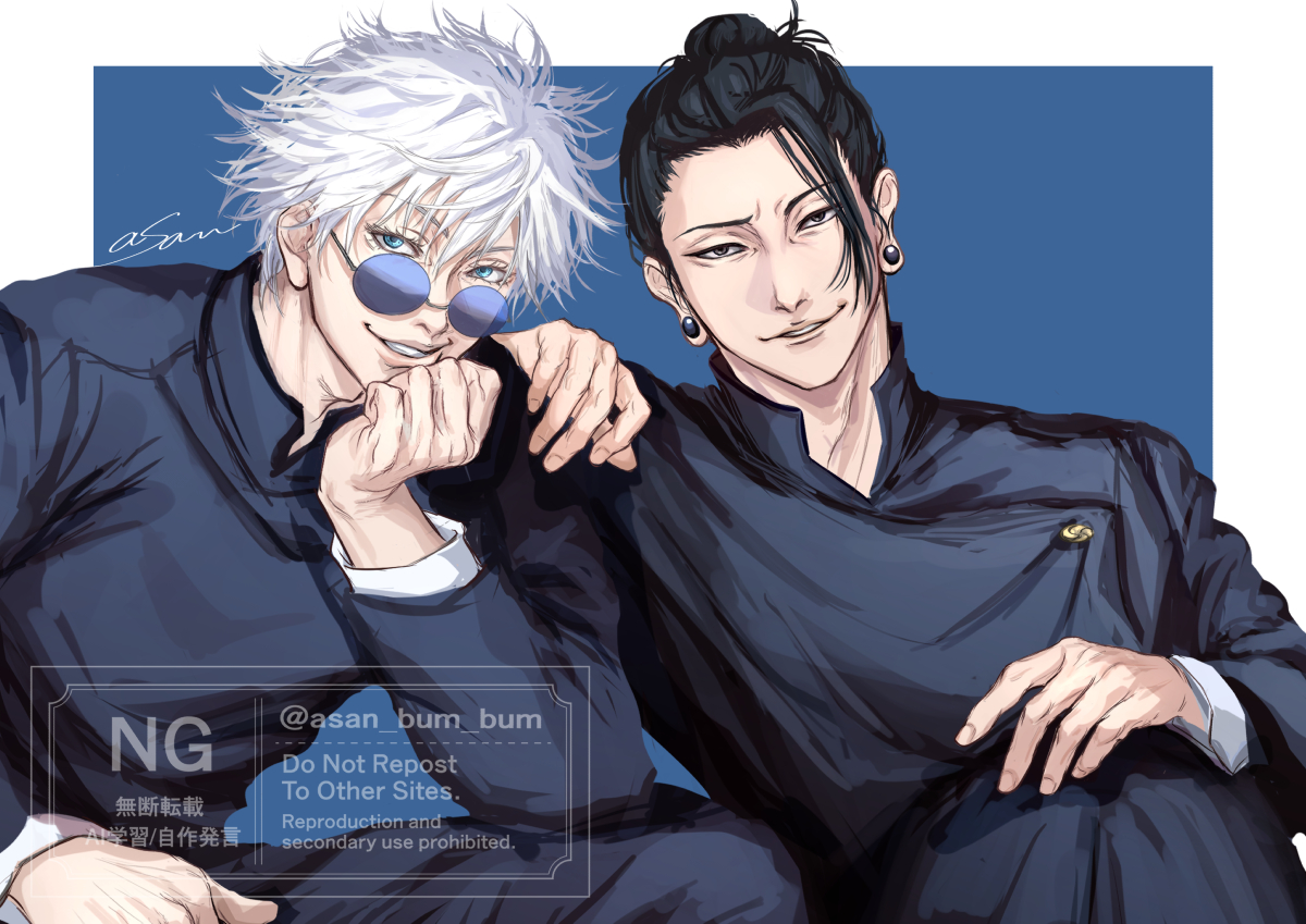 ahsan (asan bum bum), getou suguru, gojou satoru, jujutsu kaisen, translation request, 2boys, black hair, black jacket, blue background, buttons, ear piercing, english text, glasses, grin, head rest, jacket, looking at viewer, male focus, medium hair, multiple boys, piercing, short hair, sitting, smile, smirk, speech bubble, squatting, upper body, watermark, white hair