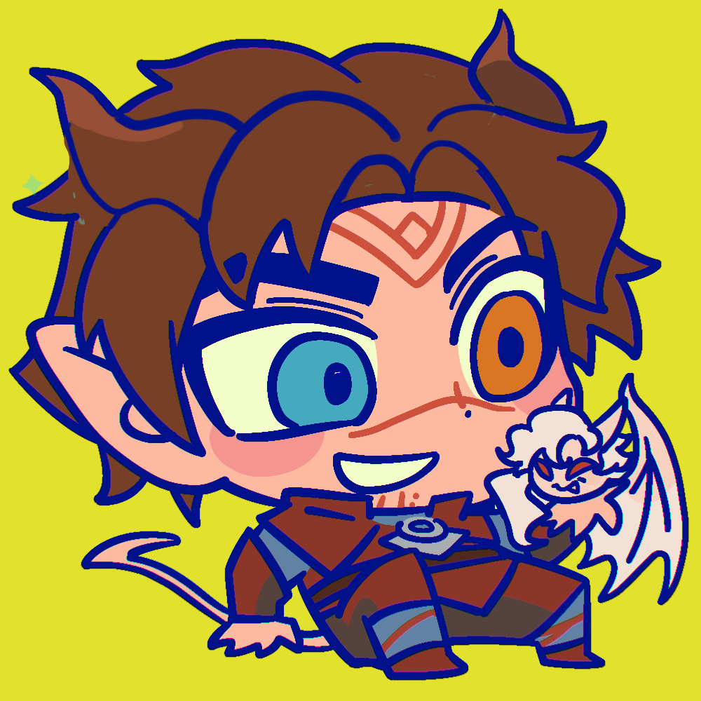 astarion, baldur's gate, baldur's gate 3, dungeons & dragons, dungeons & dragons, original, blue eyes, brown hair, can't be this cute, chibi, chibi on head, chibi only, halfling, horns, on head, orange eyes, pointy ears, red eyes, sitting, smile, tail, tattoo