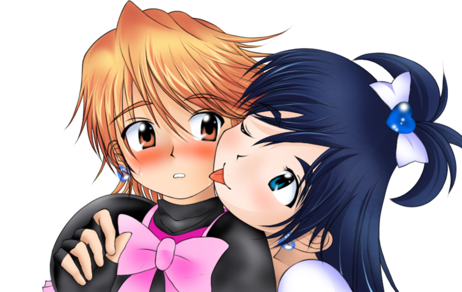 cure black, cure white, misumi nagisa, yukishiro honoka, futari wa precure, precure, 00s, blue eyes, blue hair, blush, brown eyes, brown hair