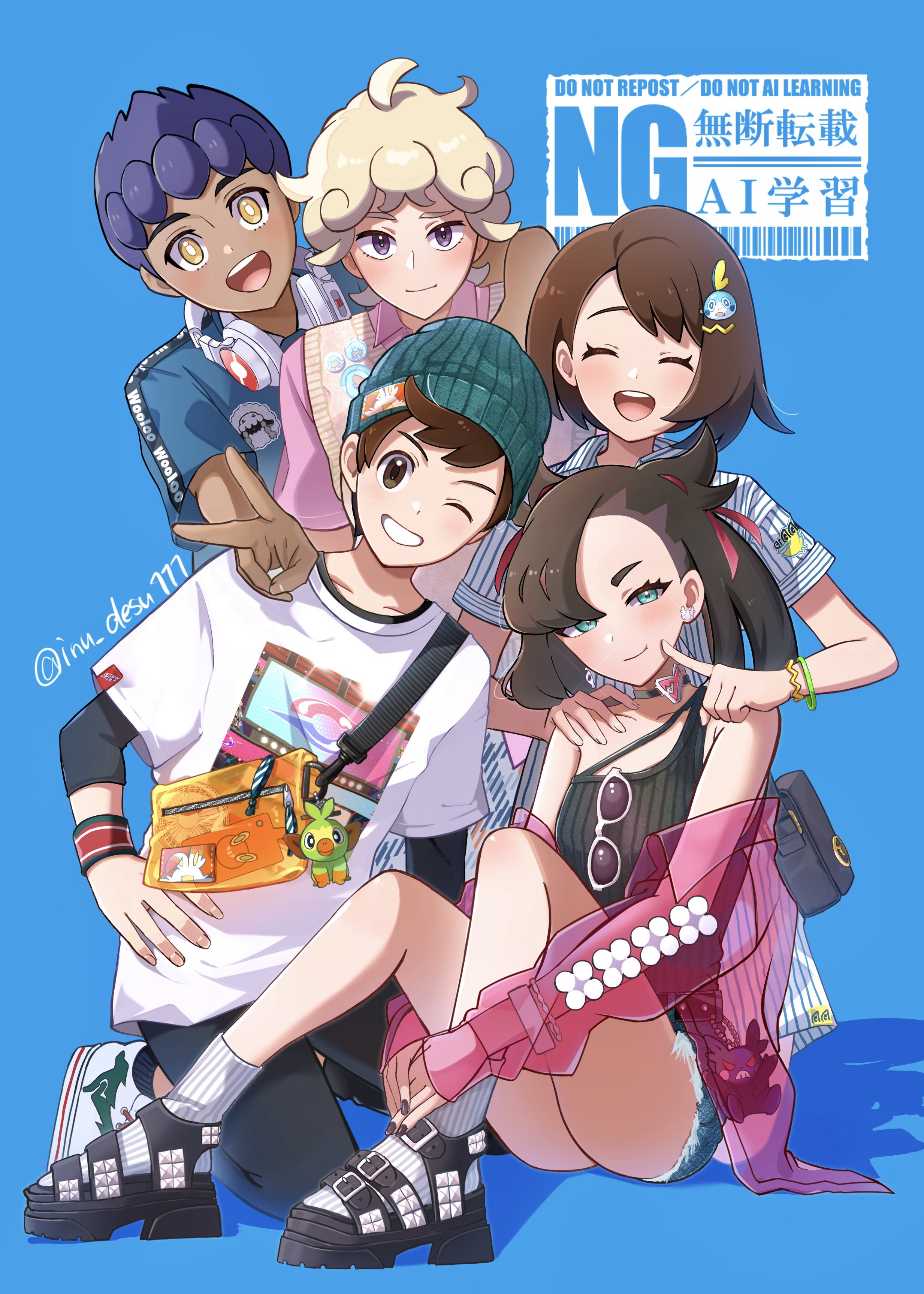 inu desu111, bede (pokemon), boltund, gloria (pokemon), grookey, hatenna, hatterene, hattrem, hop (pokemon), marnie (pokemon), morpeko, rotom, scorbunny, sobble, victor (pokemon), wooloo, nintendo, pokemon, pokemon swsh, absurdres, highres, 2girls, 3boys, beanie, black pants, black shirt, blonde hair, blue background, blue eyes, brown hair, facing viewer, gen 4 pokemon, gen 8 pokemon, hat, jacket, knees up, merchandise, multiple boys, multiple girls, open mouth, pants, purple hair, see-through clothes, see-through jacket, shirt, sitting, smile, socks, t-shirt, v, white socks