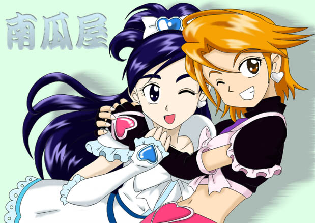cure black, cure white, misumi nagisa, yukishiro honoka, futari wa precure, precure, 00s, blue eyes, blue hair, brown eyes, brown hair