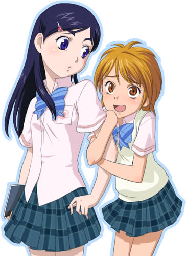 misumi nagisa, yukishiro honoka, futari wa precure, precure, lowres, 00s, blue eyes, blue hair, brown eyes, brown hair, school uniform, serafuku