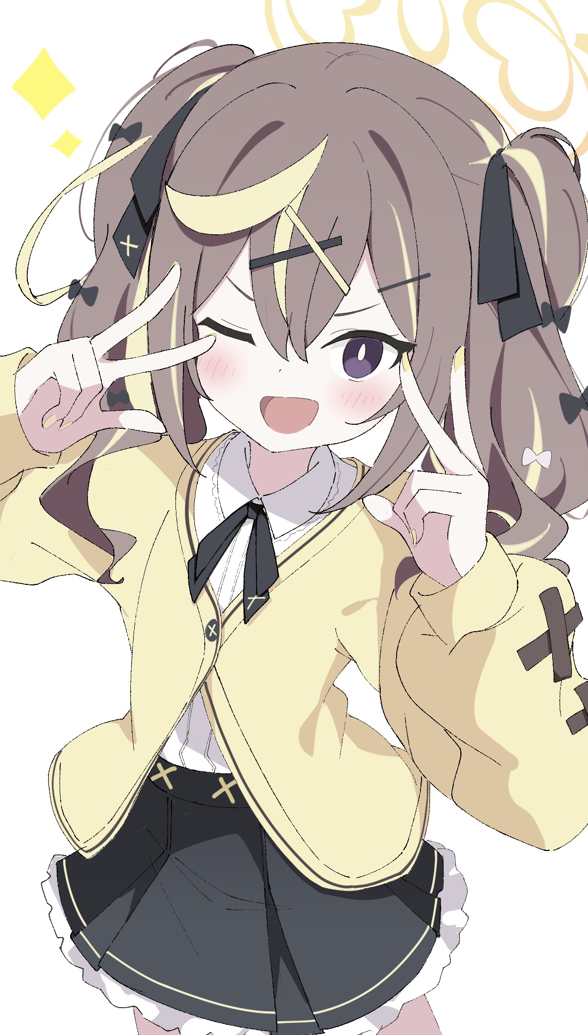 memoi, rena (blue archive), blue archive, commentary, highres, 1girl, black bow, black bowtie, black ribbon, black skirt, blonde hair, blush, bow, bowtie, bright pupils, brown hair, cardigan, contrapposto, cowboy shot, double w, frilled skirt, frills, hair ribbon, halo, long sleeves, looking at viewer, medium hair, multicolored hair, one eye closed, open mouth, purple eyes, ribbon, shirt, simple background, skirt, smile, solo, sparkle, streaked hair, two side up, w, white background, white pupils, white shirt, yellow cardigan, yellow halo