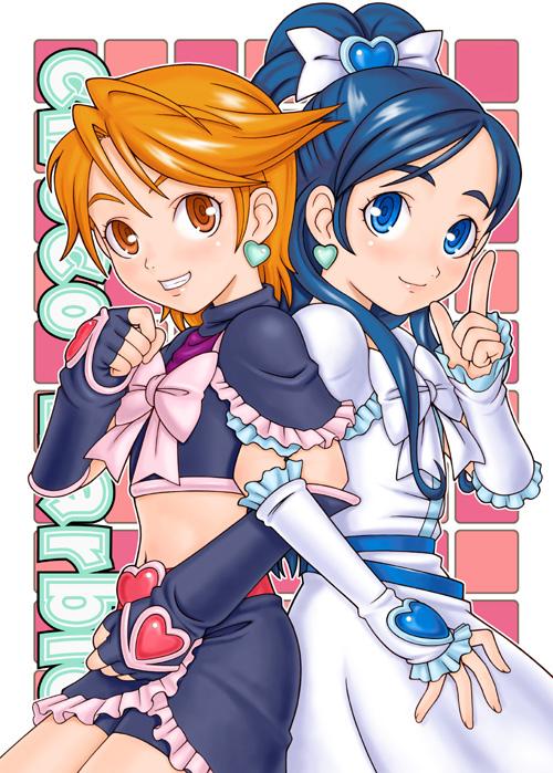 cure black, cure white, misumi nagisa, yukishiro honoka, futari wa precure, precure, 00s, blue eyes, blue hair, brown eyes, brown hair