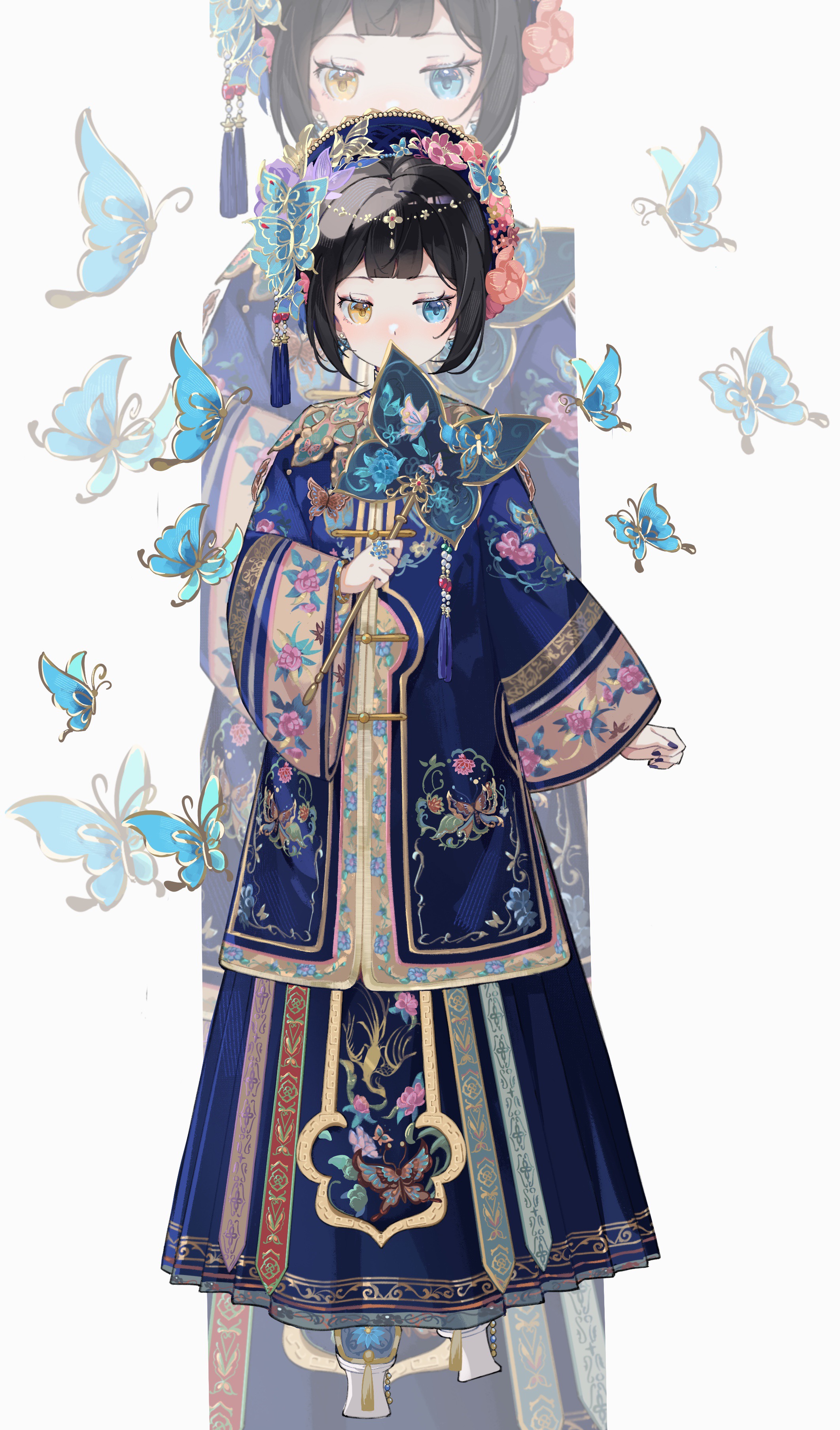 nikki (series), shining nikki, absurdres, chinese commentary, commentary request, highres, 1girl, beads, black hair, black nails, blue butterfly, blue eyes, blue flower, blue hat, blue shirt, blue skirt, blunt bangs, bug, butterfly, butterfly hair ornament, circlet, dalachi (headdress), delayed finale (shining nikki), eyelashes, floral print, flower, full body, hair beads, hair flower, hair ornament, hand fan, hat, heterochromia, holding, holding fan, insect, jewelry, long skirt, long sleeves, looking to the side, nail polish, pink flower, platform sandals, pleated skirt, purple flower, ring, sandals, shirt, short hair, skirt, solo, standing, tachi-e, tassel, tassel hair ornament, tuanshan, updo, white background, white sandals, wide sleeves, yellow eyes, yutoutoutoutoutou, zoom layer