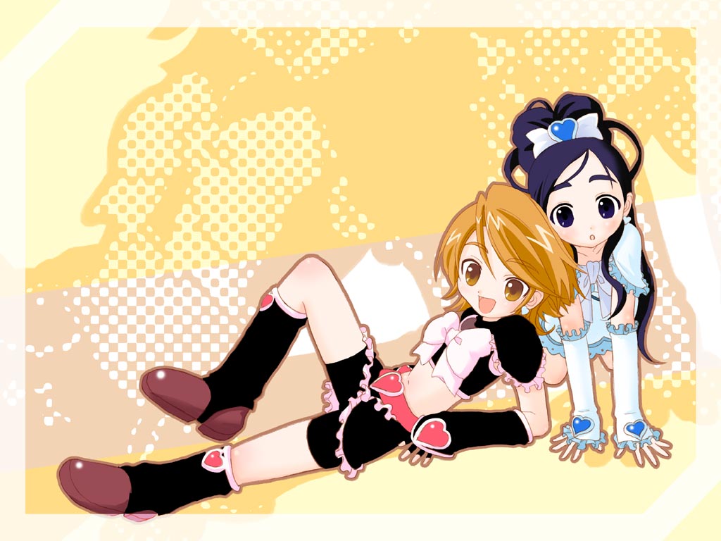 houmitsu, cure black, cure white, misumi nagisa, yukishiro honoka, futari wa precure, precure, 00s, 2girls, blonde hair, blue eyes, blue hair, boots, brown eyes, brown hair, elbow gloves, fingerless gloves, gloves, hair ribbon, half updo, heart, knee boots, magical girl, midriff, multiple girls, purple hair, ribbon, zoom layer