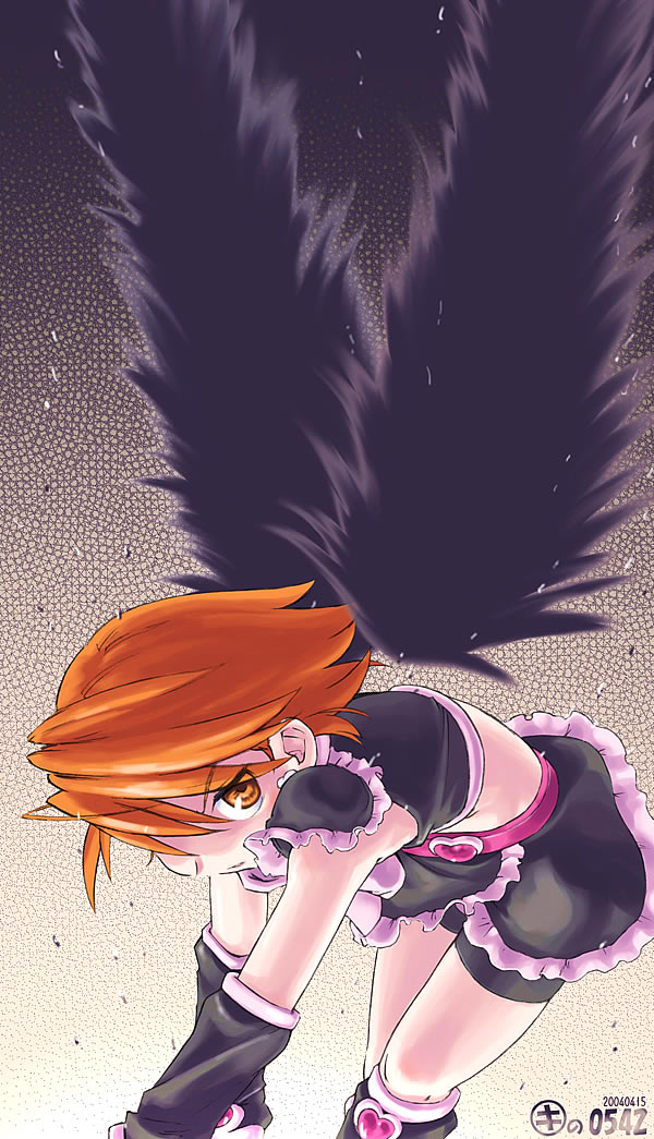 kei jiei, cure black, misumi nagisa, futari wa precure, precure, black legwear, 00s, 1girl, 2004, bike shorts, bike shorts under skirt, black wings, brown eyes, brown hair, dated, detached wings, earrings, female focus, fingerless gloves, gloves, heart, jewelry, looking at viewer, magical girl, serious, shirt, short hair, shorts, shorts under skirt, skirt, solo, wings