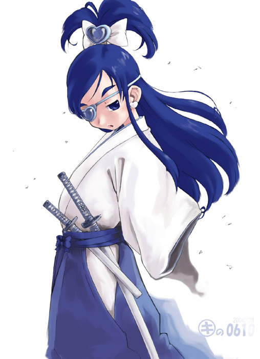 kei jiei, cure white, yukishiro honoka, futari wa precure, precure, 00s, blue eyes, blue hair, eyepatch, hakama, hakama skirt, japanese clothes, katana, miko, samurai, skirt, sword, wakizashi, weapon