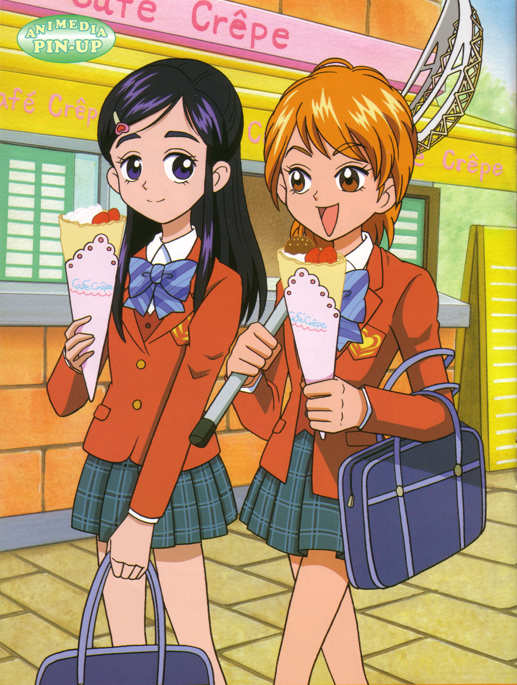misumi nagisa, yukishiro honoka, futari wa precure, precure, absurdres, highres, 00s, 2girls, bag, black hair, blue eyes, blue hair, blush, brown eyes, brown hair, crepe, multiple girls, school uniform, serafuku, skirt