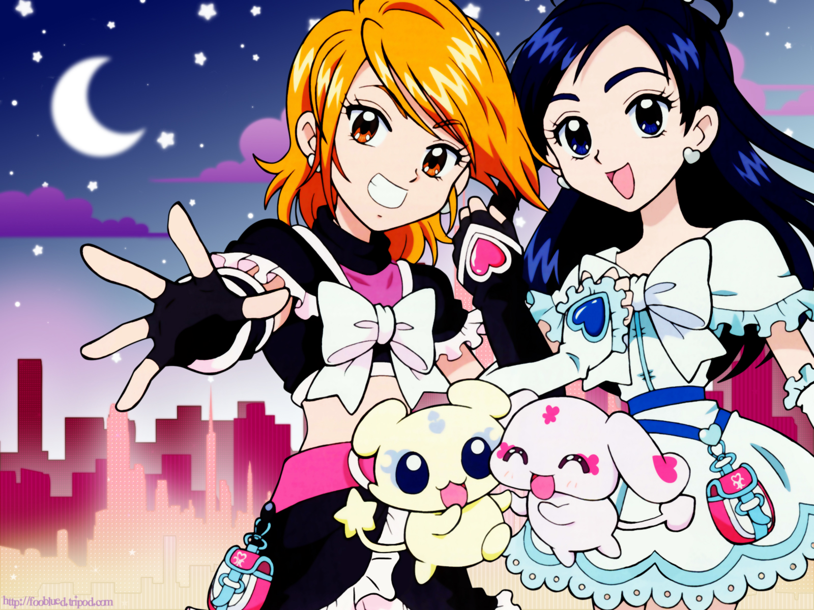 cure black, cure white, mepple, mipple, misumi nagisa, yukishiro honoka, futari wa precure, precure, highres, 00s, blue eyes, blue hair, brown eyes, brown hair