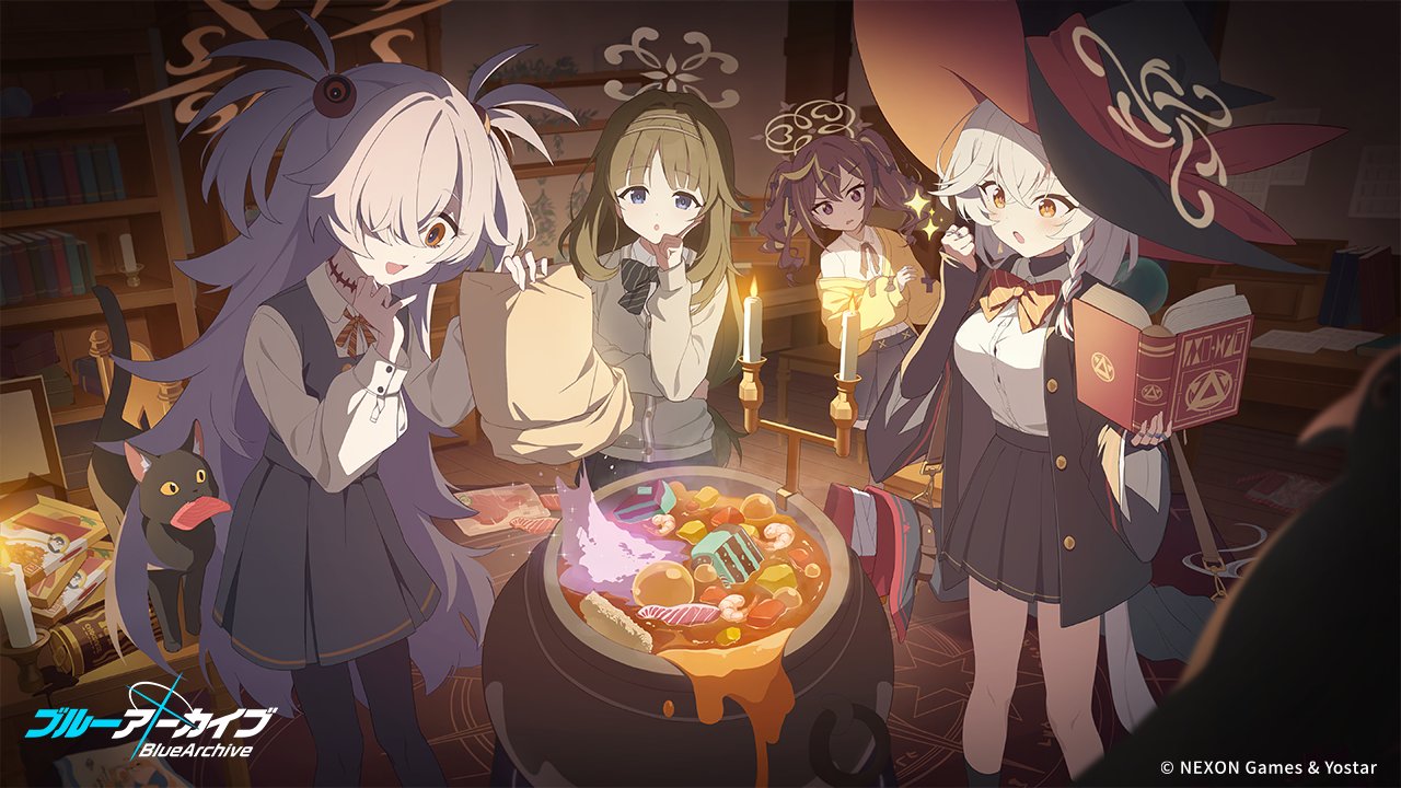 same (samefgo), kanoe (blue archive), tsumugi (blue archive), blue archive, character request, commentary request, official art, tagme, 4girls, black cat, breasts, cake, cardigan, cat, cauldron, food, green hair, halo, hat, large breasts, multiple girls, pantyhose, school uniform, white hair, witch, witch hat