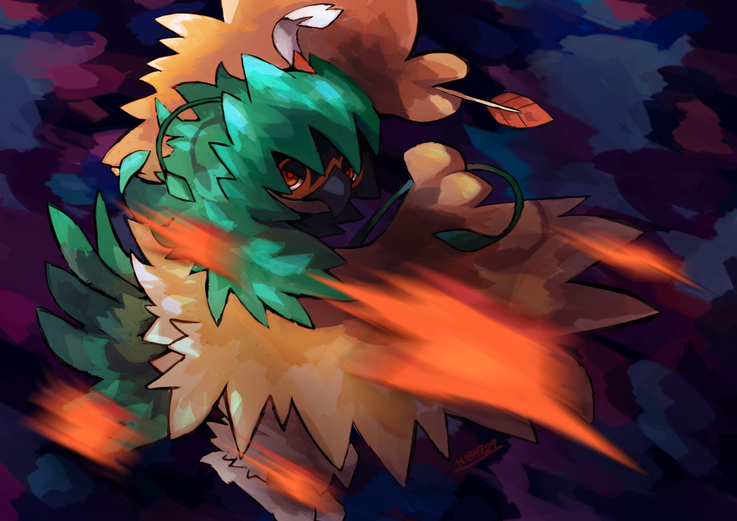 night29, decidueye, nintendo, pokemon, commentary, english commentary, highres, arrow (projectile), blue background, brown eyes, closed mouth, gen 7 pokemon, looking at viewer, motion blur, pokemon (creature), red pupils, signature, solo