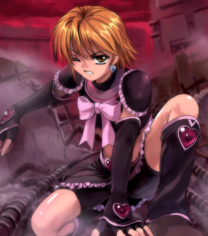 mutsuki (moonknives), cure black, misumi nagisa, futari wa precure, precure, toei company, non-web source, 00s, 1girl, bike shorts, brown eyes, brown hair, collateral damage, concrete, destruction, earrings, elbow gloves, female focus, fingerless gloves, gloves, jewelry, kneeling, midriff, on one knee, one eye closed, rebar, red sky, rubble, ruins, short hair, sky, solo, squatting, wince, wink