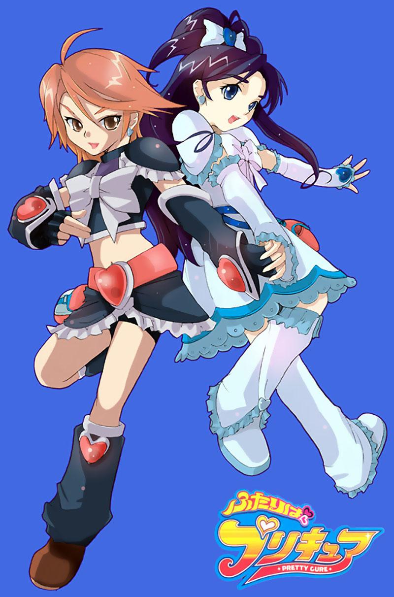cure black, cure white, misumi nagisa, yukishiro honoka, futari wa precure, precure, highres, 00s, blue eyes, blue hair, brown eyes, brown hair