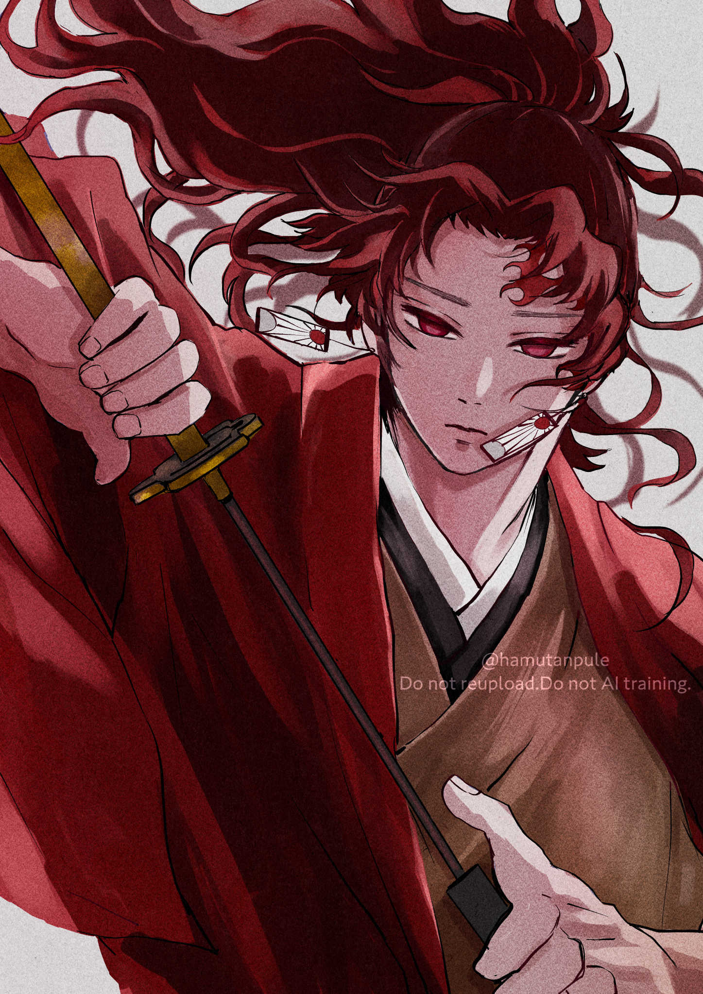tsugikuni yoriichi, kimetsu no yaiba, highres, 1boy, closed mouth, earrings, empty eyes, english text, grey background, hamutanpule, hand up, high ponytail, holding, holding sheath, holding sword, holding weapon, japanese clothes, jewelry, katana, kimono, long hair, male focus, ponytail, red eyes, red kimono, sheath, solo, sword, twitter username, unsheathing, upper body, weapon