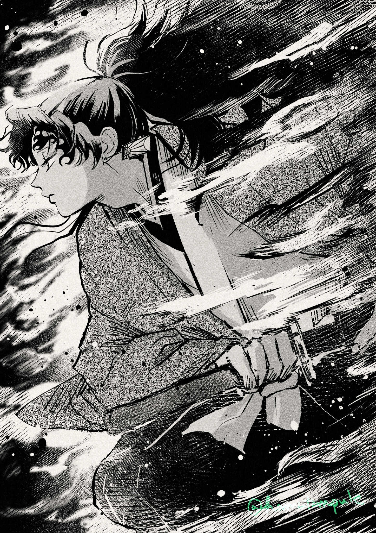 tsugikuni yoriichi, kimetsu no yaiba, highres, 1boy, closed mouth, earrings, empty eyes, greyscale, half-closed eyes, hamutanpule, high ponytail, holding, holding sword, holding weapon, japanese clothes, jewelry, jumping, katana, kimono, long hair, male focus, monochrome, ponytail, profile, solo, sword, twitter username, weapon