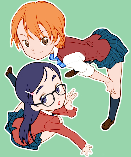 misumi nagisa, yukishiro honoka, futari wa precure, precure, 00s, blue eyes, blue hair, brown eyes, brown hair, glasses, school uniform, serafuku