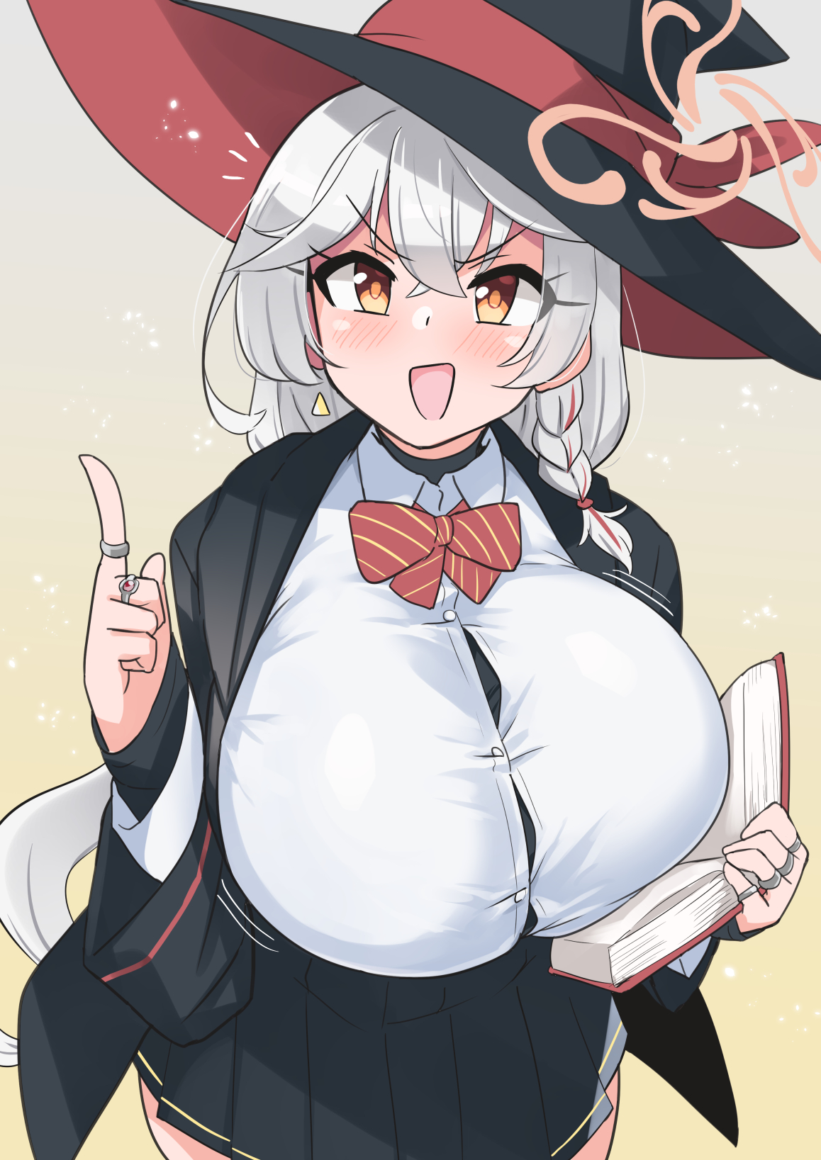 yurari, eri (blue archive), blue archive, blush stickers, book, bow, bowtie, braid, breasts, earrings, halo, hat, holding, holding book, jacket, jewelry, large breasts, long coat, long hair, orange eyesshirt, ring, shirt, skirt, sweater, thighs, tight clothes, tight shirt, white hair, witch hat