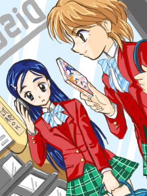 misumi nagisa, yukishiro honoka, futari wa precure, precure, lowres, 00s, blue eyes, blue hair, brown eyes, brown hair, school uniform, serafuku