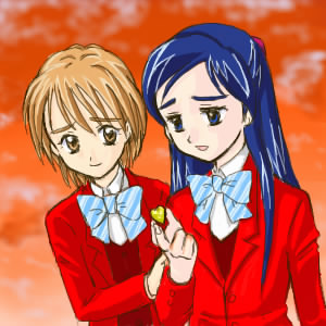 misumi nagisa, yukishiro honoka, futari wa precure, precure, lowres, 00s, blue eyes, blue hair, brown eyes, brown hair, school uniform, serafuku