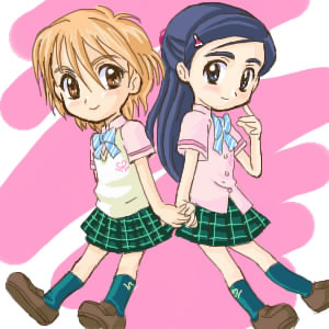 misumi nagisa, yukishiro honoka, futari wa precure, precure, lowres, 00s, blue eyes, blue hair, brown eyes, brown hair, school uniform, serafuku