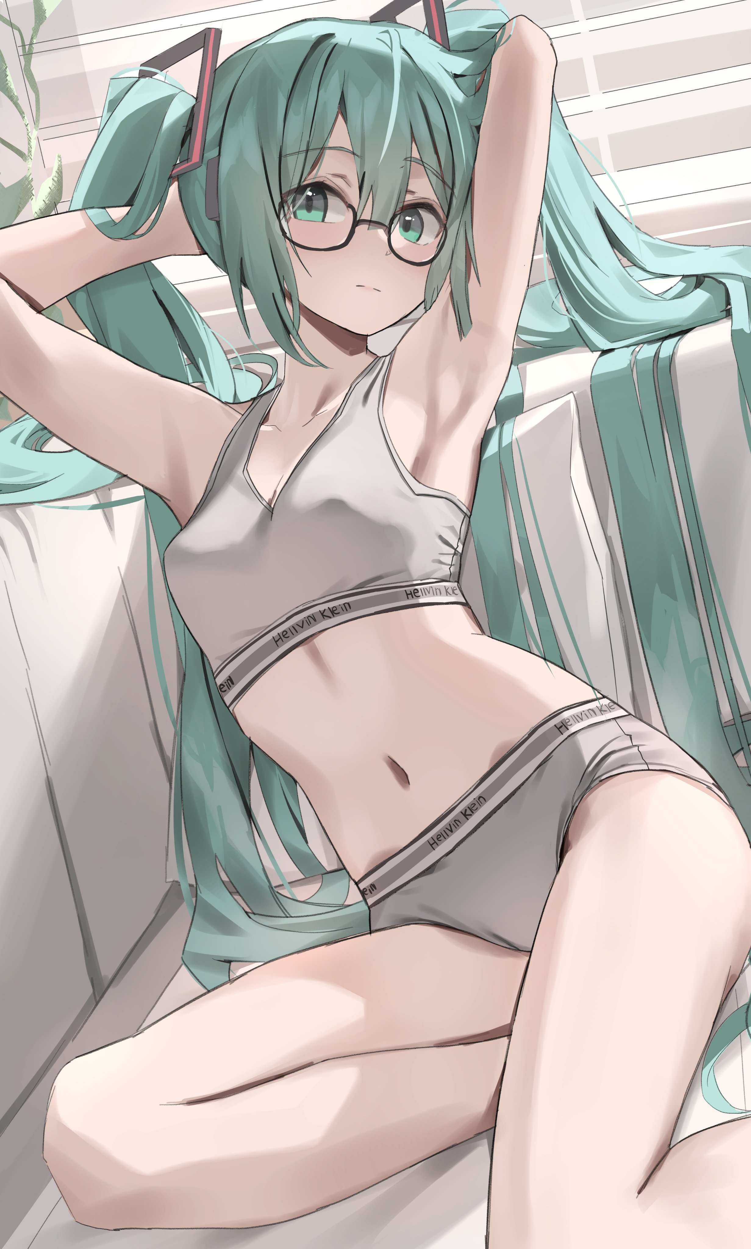 scarlet (wv0102), hatsune miku, vocaloid, absurdres, commentary, english commentary, highres, 1girl, aqua eyes, aqua hair, armpits, arms behind head, arms up, backlighting, bare arms, bare legs, bare shoulders, bespectacled, blush, bra, breasts, closed mouth, clothes writing, collarbone, couch, covered erect nipples, glasses, grey bra, grey panties, hair between eyes, hair lift, hair ornament, indoors, long hair, looking at viewer, midriff, navel, on couch, panties, pillow, sidelocks, sitting, small breasts, solo, sports bra, sports panties, stomach, twintails, underwear, underwear only, underwear writing, very long hair, window blinds, yokozuwari