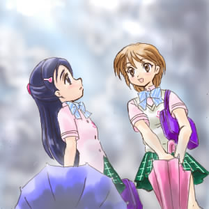 misumi nagisa, yukishiro honoka, futari wa precure, precure, lowres, 00s, blue eyes, blue hair, brown eyes, brown hair, school uniform, serafuku