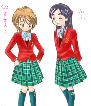 misumi nagisa, yukishiro honoka, futari wa precure, precure, lowres, 00s, blue hair, brown eyes, brown hair, school uniform, serafuku