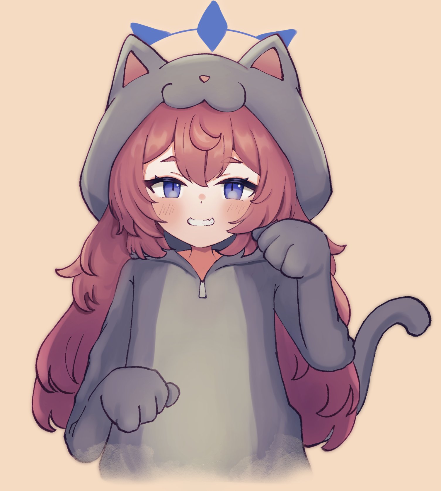 amataro21, iroha (blue archive), blue archive, fluffy hair, commentary request, highres, 1girl, alternate costume, animal costume, animal ear hood, animal ears, blue eyes, blue halo, blush, cat costume, cat ears, cosplay, cropped torso, fake animal ears, fang, grin, hair between eyes, halo, hands up, hood, hood up, kigurumi, long hair, looking at viewer, paw pose, red hair, sidelocks, simple background, skin fang, slit pupils, smile, solo, thick eyebrows, upper body, very long hair, yellow background, zipper