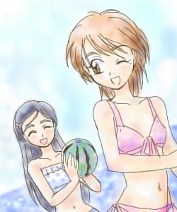 misumi nagisa, yukishiro honoka, futari wa precure, precure, lowres, 00s, blue hair, brown eyes, brown hair, food, fruit, swimsuit, watermelon
