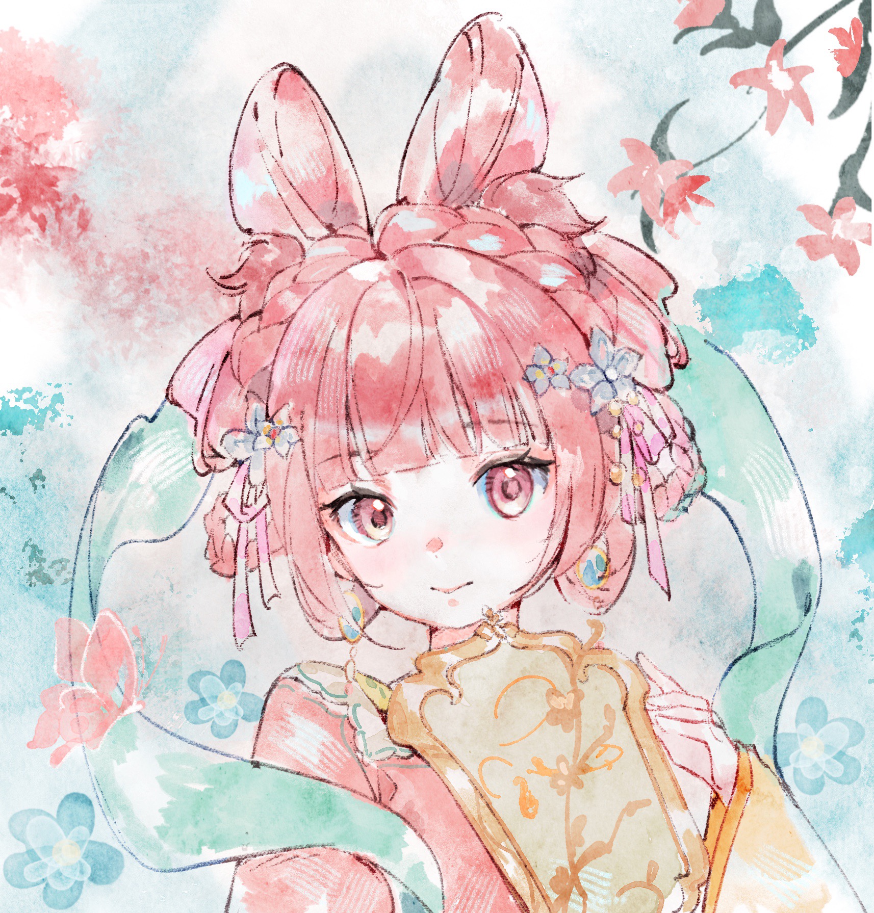 nikki (nikki), infinity nikki, nikki (series), chinese commentary, commentary request, highres, 1girl, blue flower, blue sky, bow-shaped hair, braid, braided hair rings, branch, bug, butterfly, cherry blossoms, chinese clothes, closed mouth, crown braid, day, double bun, eyelashes, flower, gossamer moonfairy (infinity nikki), grey flower, hagoromo, hair bun, hair flower, hair ornament, hair ribbon, hair rings, hand fan, hanfu, happy, holding, holding fan, insect, lips, long sleeves, looking at viewer, outdoors, painterly, pink butterfly, pink eyes, pink flower, pink hair, pink hanfu, pink ribbon, ribbon, shawl, short hair, sky, smile, solo, spring (season), tuanshan, upper body, wide sleeves, yellow sleeves, yutoutoutoutoutou