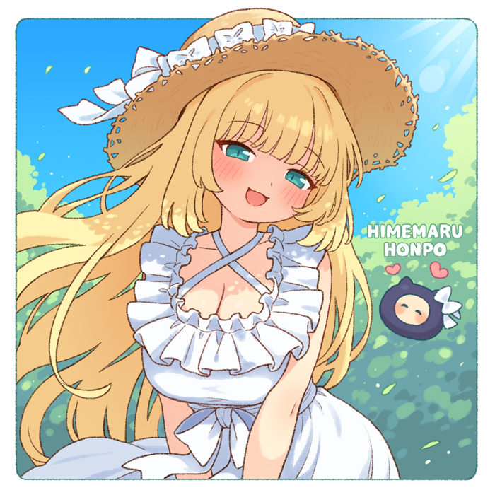 onyhakase, original, commentary request, 1girl, blonde hair, breasts, cleavage, dress, hat, large breasts, long hair, smile, white dress