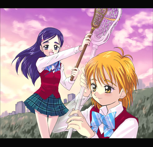 misumi nagisa, yukishiro honoka, futari wa precure, precure, lowres, 00s, blue eyes, blue hair, brown eyes, brown hair, school uniform, serafuku