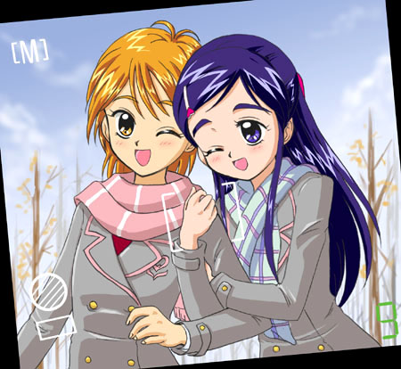 misumi nagisa, yukishiro honoka, futari wa precure, precure, lowres, 00s, blue eyes, blue hair, brown eyes, brown hair