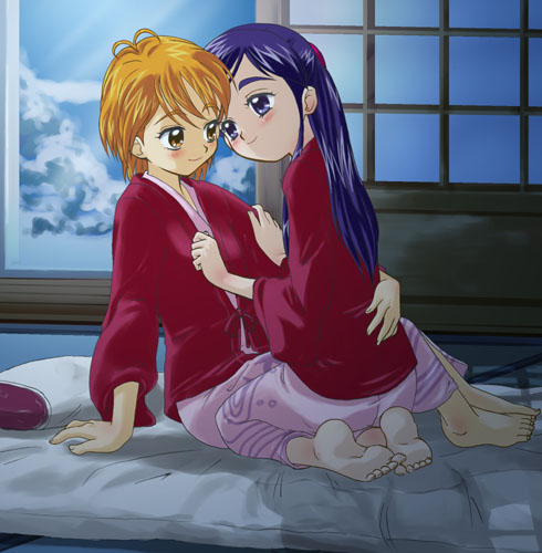 tsuwabuki-san, misumi nagisa, yukishiro honoka, futari wa precure, precure, lowres, 00s, 2girls, barefoot, blue eyes, blue hair, blush, brown eyes, brown hair, feet together, futon, hand on another's arm, hand on another's back, hand on another's chest, hanten (clothes), indoors, japanese clothes, kimono, long hair, looking at another, multiple girls, night, orange eyes, orange hair, pillow, purple eyes, purple hair, seiza, short hair, sitting, smile, soles, tatami, window, winter, yukata, yuri
