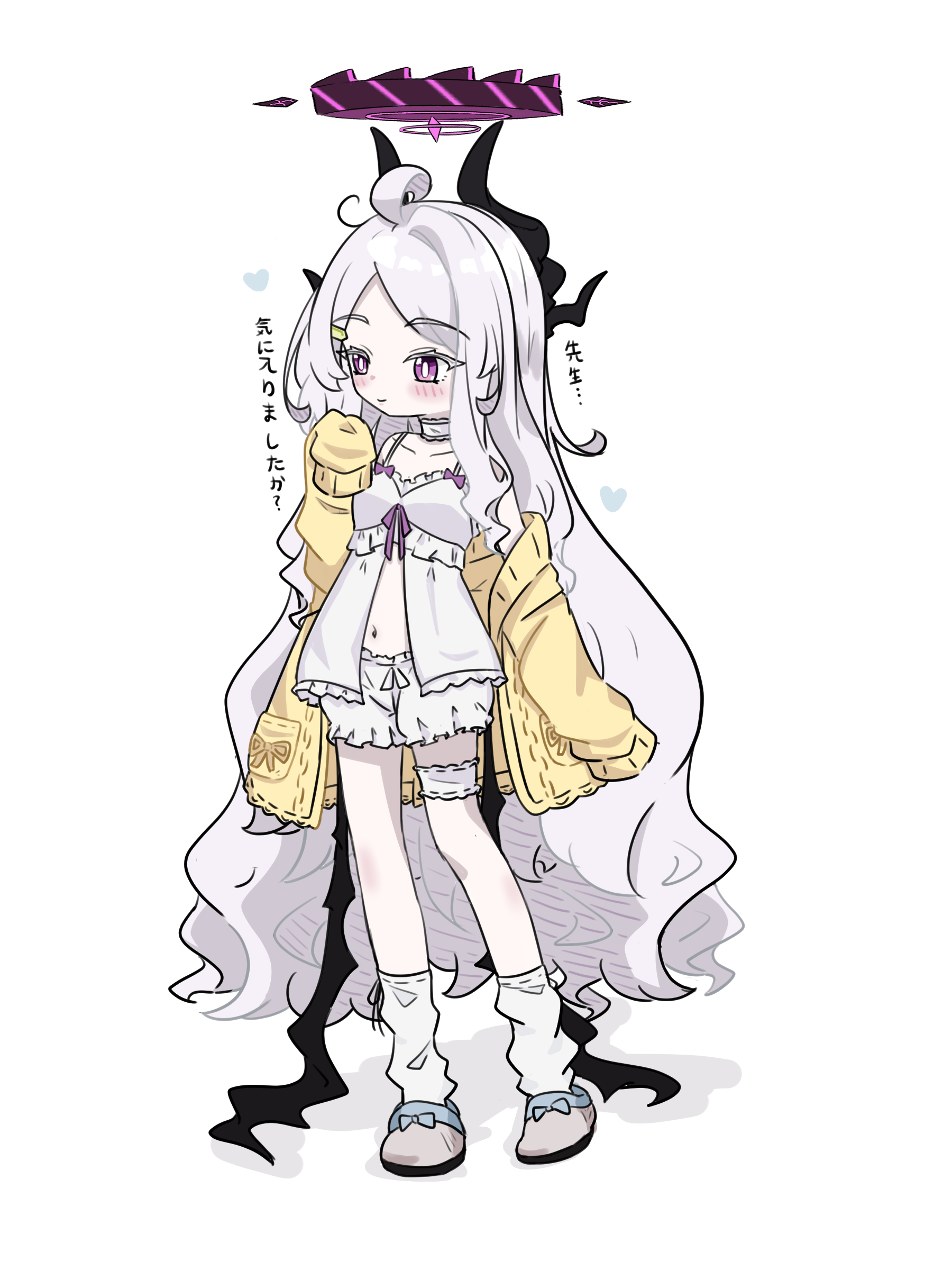 e v e neko, hina (blue archive), blue archive, absurdres, commentary request, highres, translation request, 1girl, cardigan, full body, halo, horns, long hair, purple eyes, simple background, solo, white background, white hair, yellow cardigan